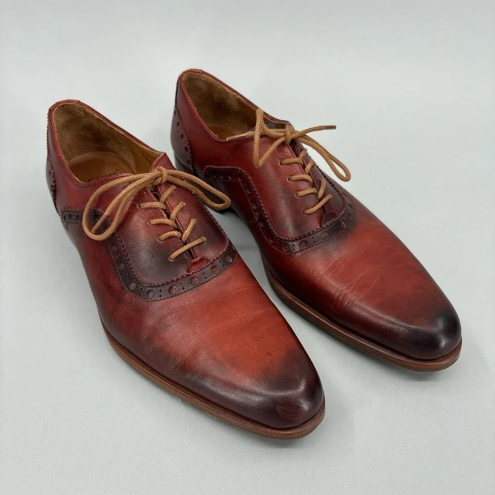 John Fluevog Shoes Mens 9.5 Red Brown Leather Twin Turbine Oxford Dress Lace Up